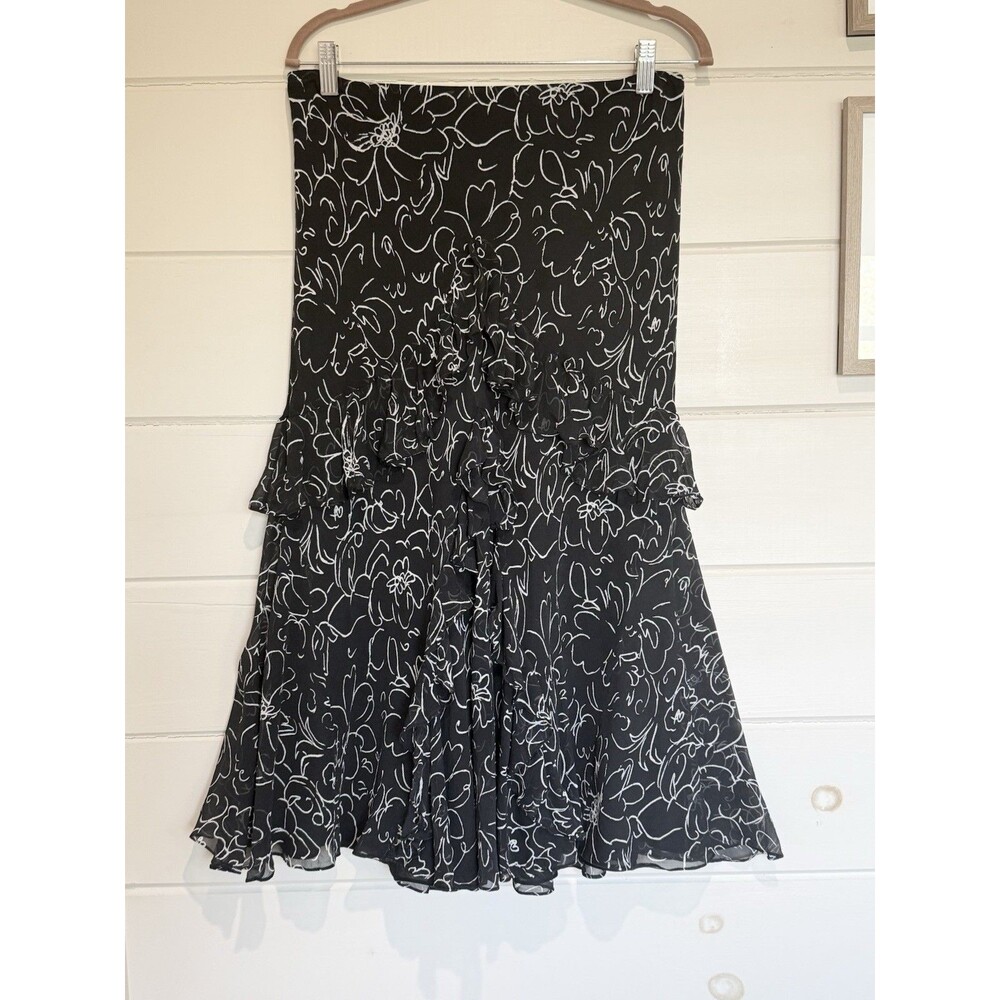 Ralph Lauren Vintage 90s Tiered Ruffle Midi Skirt Black White Floral Medium Silk